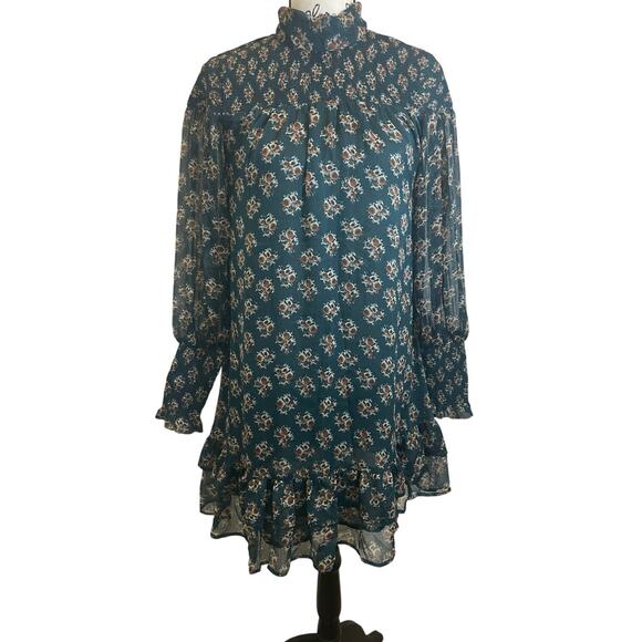 WALTER BAKER MINI DRESS MESSY MOCK FLORAL GREEN RUCHED CUFFS SZ S RUFFLES PREPPY - Picture 15 of 16